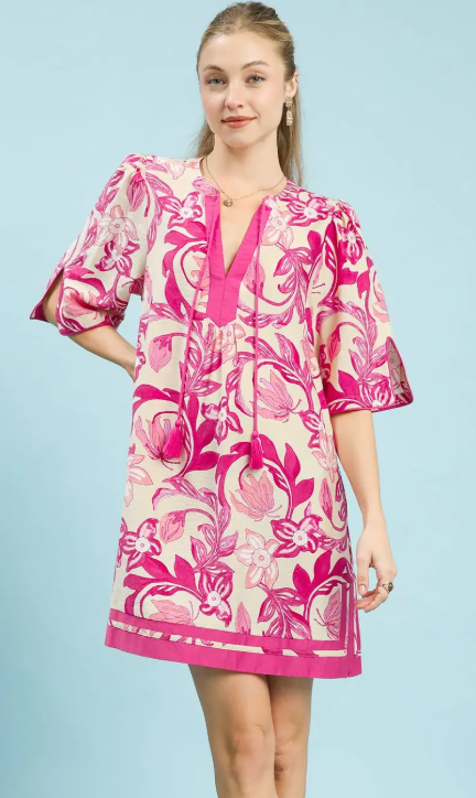 Floral Tassel Tie Neck Elbow Sleeve Shift Dress
