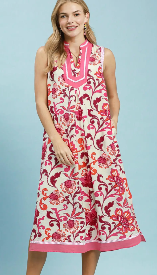 Sleeveless Floral Scroll Border Print Midi Dress