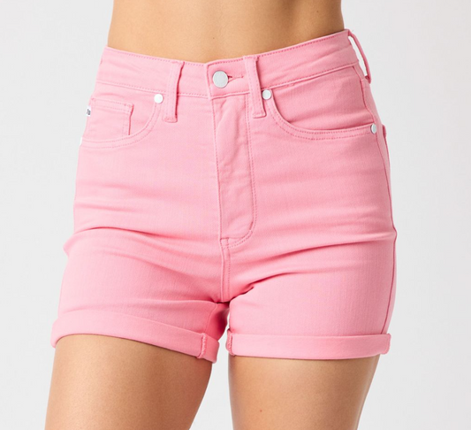 High Waist Tummy Control Garment Dyed Shorts - Pink