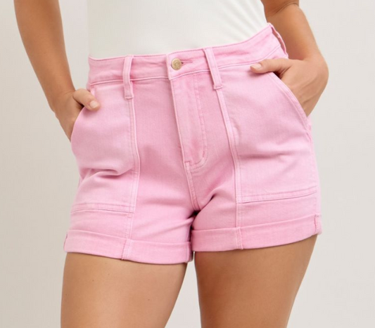 High Waist Patch Pocket Rolled Short-Pink