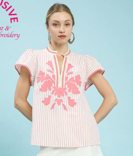 Striped Flutter Sleeve Large Flower Applique Top