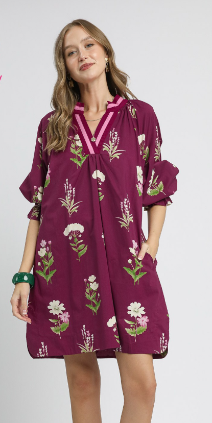 Floral 3/4 Sleeve Dress w/Striped V-Neck-Plum