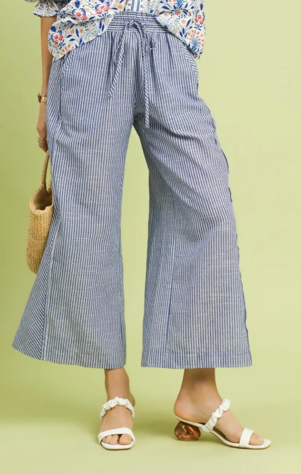 Linen Pinstripe Wide Leg Crop Pant-Blue