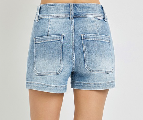 High Rise Patch Front Pocket Shorts-Light Wash