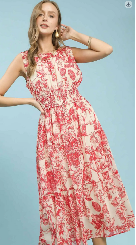 Sleeveless Floral Toile Print Midi Dress-Red