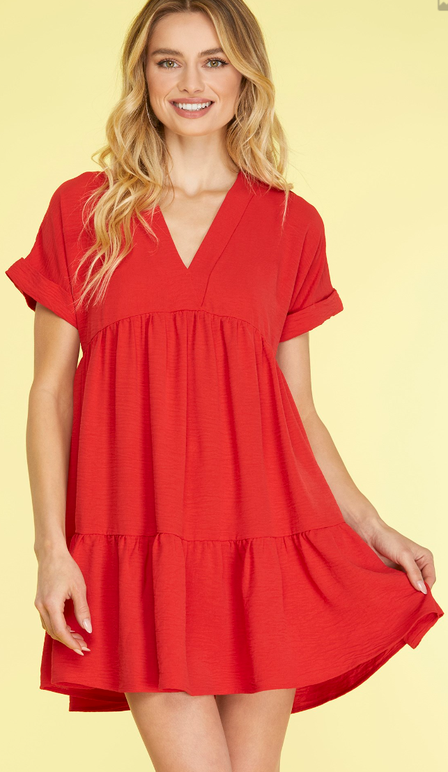 Solid V-Neck Drop Shoulder Tiered Dress