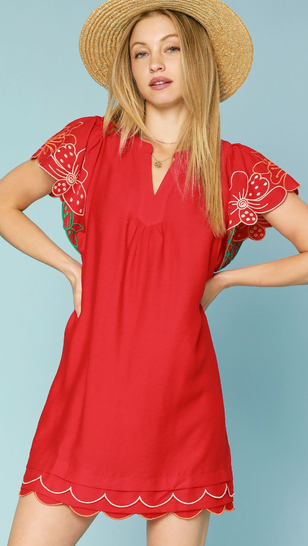 Floral Embroidered Flutter Sleeve Scallop Hem Dress-Red