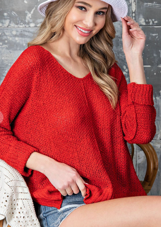 Solid V-Neck Loose Weave Cuffed 3/4 Sleeve Sweater