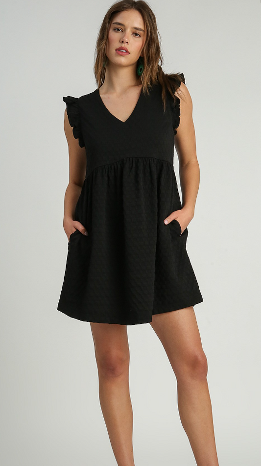 Solid Textured V-Neck Ruffle Sleeve Dress