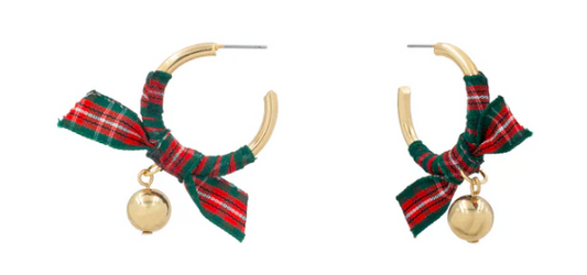 Plaid Ribbon Wrapped Ball Drop Hoop Earring