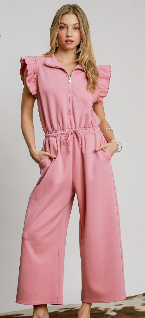 Solid Scallop Ruffle Sleeve 1/2 Zip Jumpsuit