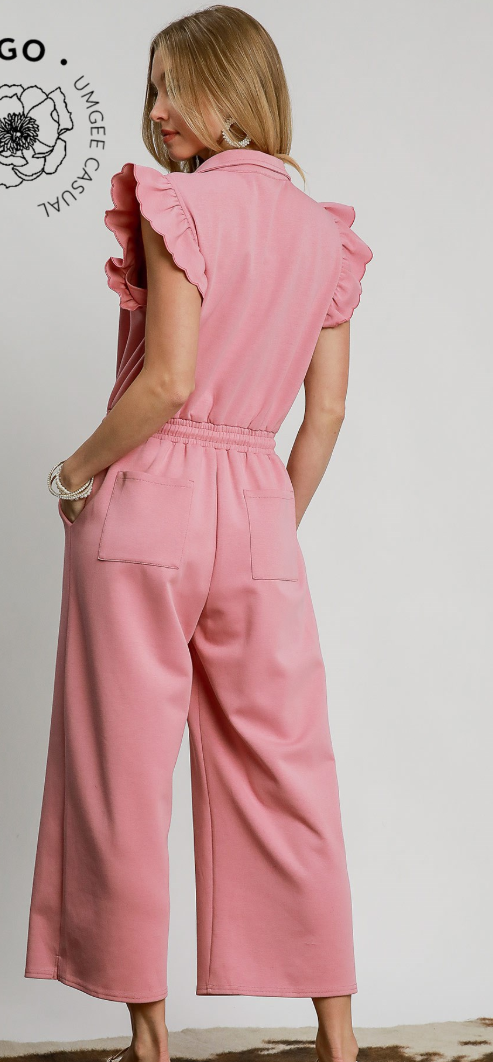 Solid Scallop Ruffle Sleeve 1/2 Zip Jumpsuit