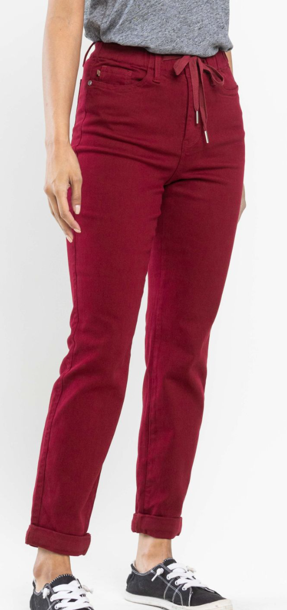 High Tie Waist Double Cuff Rolled Denim- Scarlet