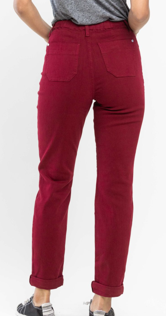 High Tie Waist Double Cuff Rolled Denim- Scarlet