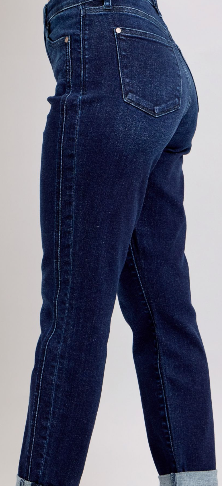 High Waist Boyfriend Double Side Seam Denim-Dark