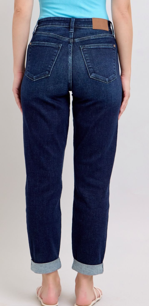 High Waist Boyfriend Double Side Seam Denim-Dark