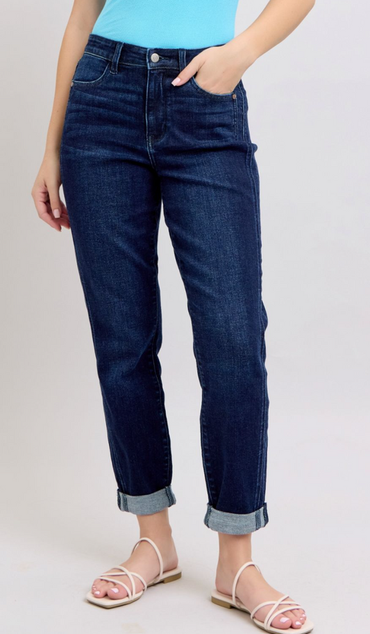 High Waist Boyfriend Double Side Seam Denim-Dark