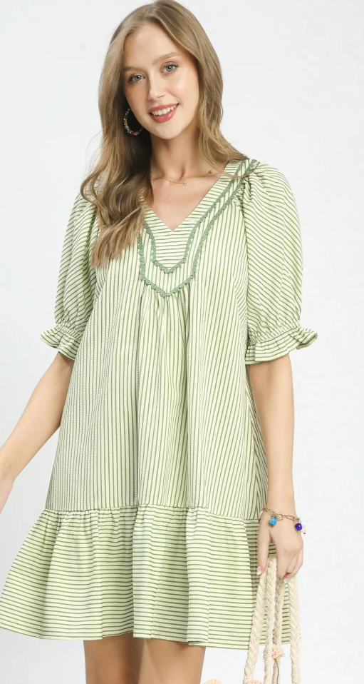 Striped Gathered Sleeve Contrast Yoke Dress-Sage