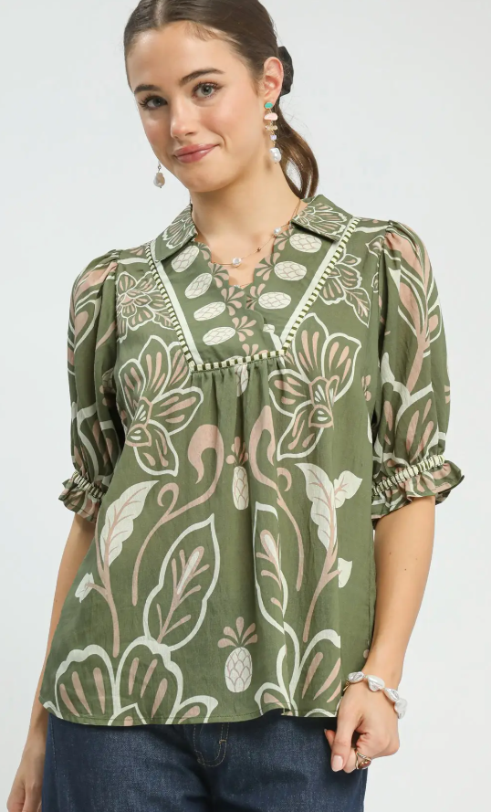 Floral Border Print Scallop Yoke Puff Sleeve Top-Sage