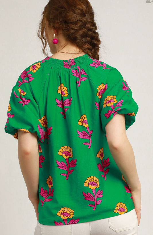 Large Spaced Floral V-Neck Balloon Sleeve Top-Green