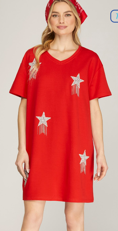 Rhinestone Studded Star Fringe V-Neck Knit Dress - Red