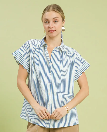 Striped Collared Button Scallop Sleeve Top-Blue