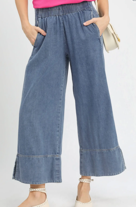 Elastic Waist Stone Washed Wide Leg Pant