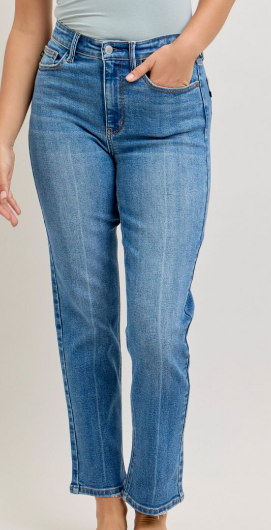 High Waist Front Seam Ankle Straight Denim-Med
