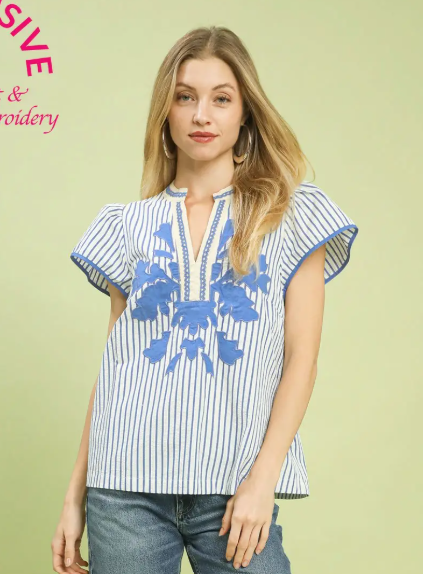 Striped Flutter Sleeve Large Flower Applique Top