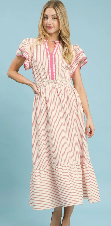 Striped Flutter Sleeve Contrast Piping Midi Dress