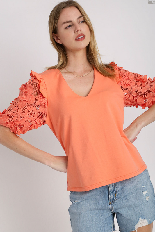 Solid Top W/ 3D Floral Lace Sleeve - Coral