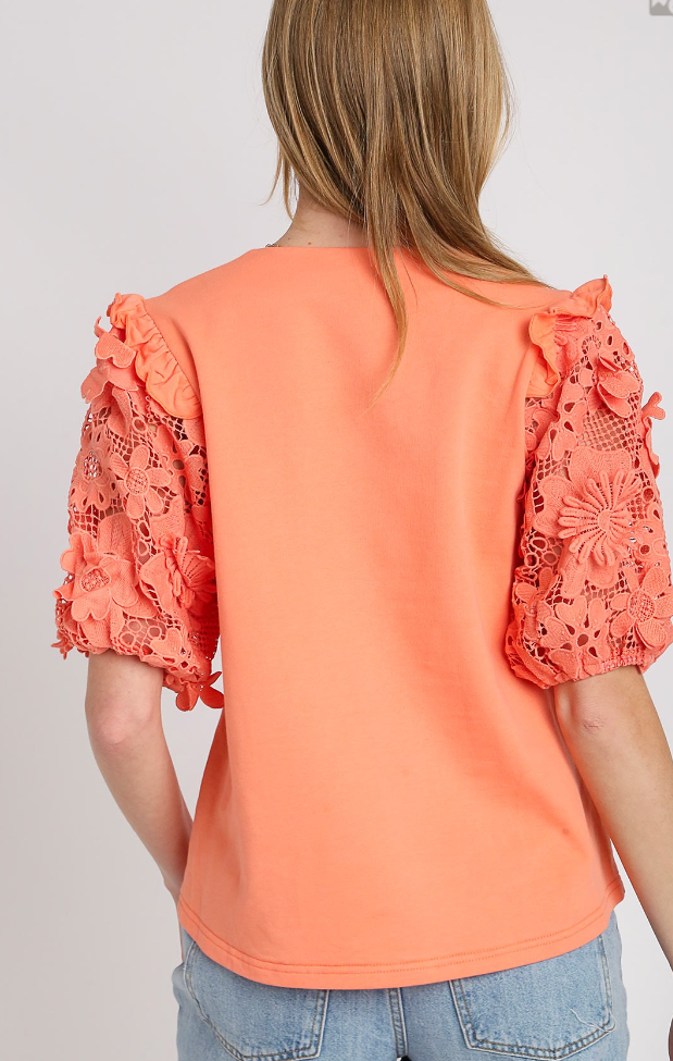 Solid Top W/ 3D Floral Lace Sleeve - Coral