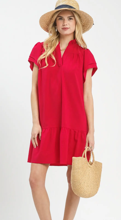 Solid V-Neck Double Layer Sleeve Drop Hem Dress-Teaberry