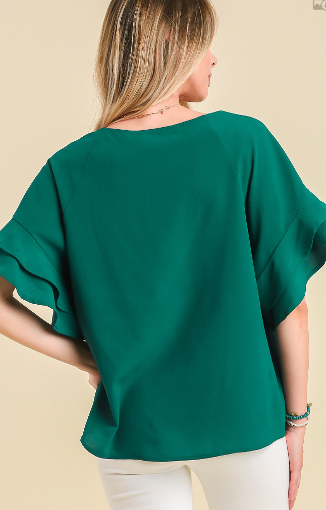 Solid Double Ruffle Layered Sleeve Top
