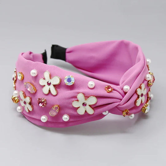Groovy Flower & Pearl Headband - Pink