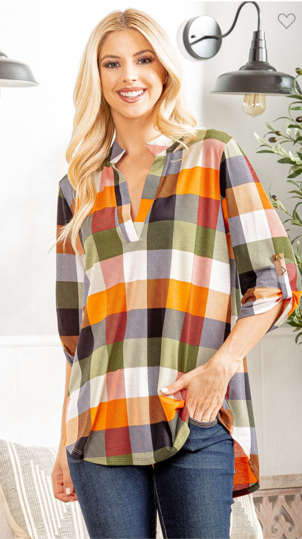 Plaid 3/4 Sleeve Top- Multi