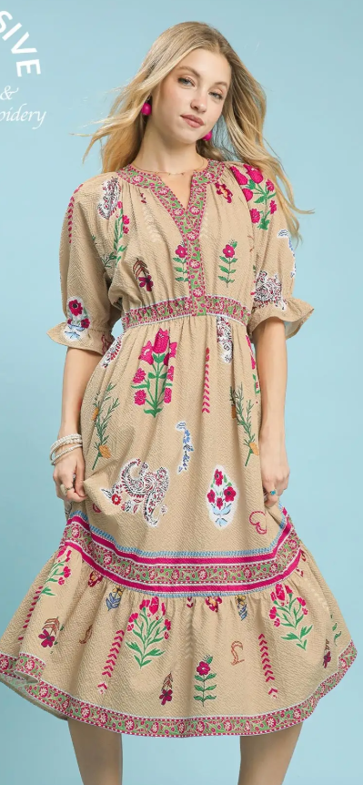 Large Floral Border Print Puff Sleeve Midi Dress-Taupe