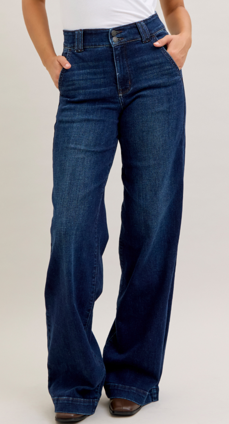 High Waist Trouser Wide Leg Dark Denim-Short Inseam