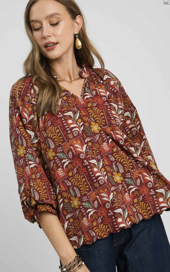 Floral Block Scallop Hem 3/4 Sleeve Top-Burgundy