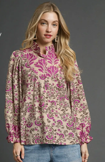 Ruffle Neck Long Sleeve Mixed Print Top-Taupe