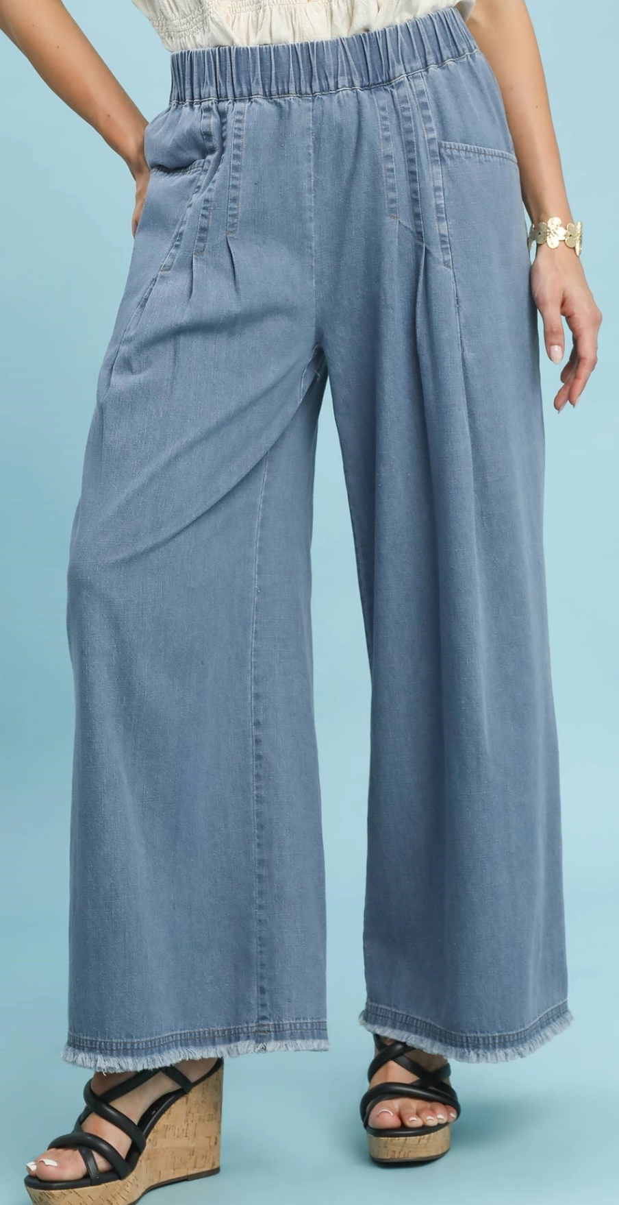 Stone Washed Pleat Front Wide Leg Pant-Light Denim