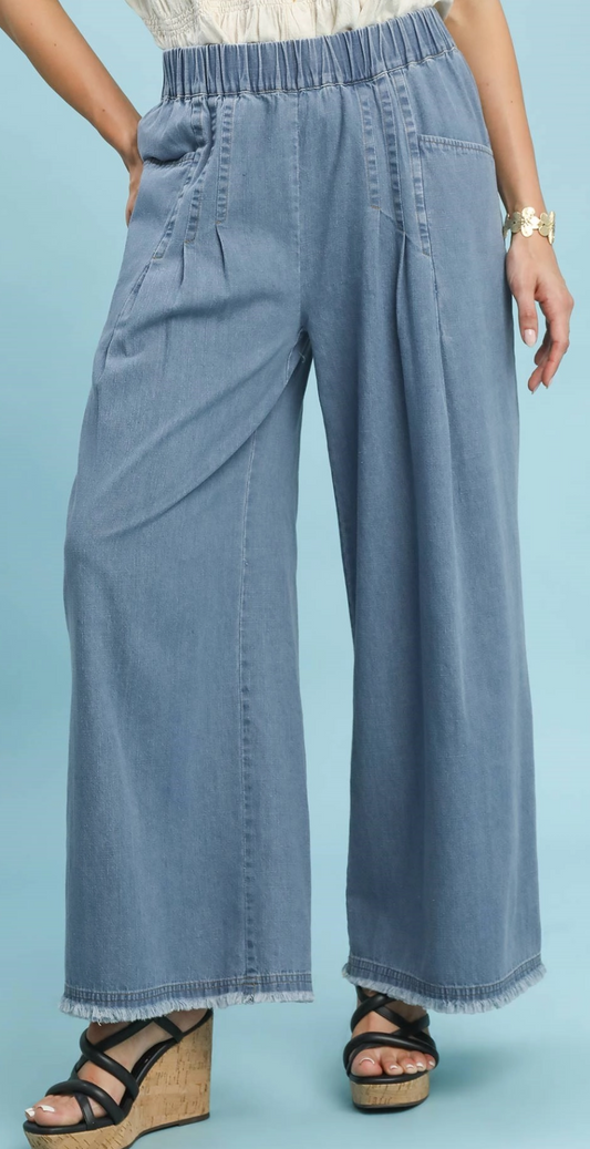 Stone Washed Pleat Front Wide Leg Pant-Light Denim
