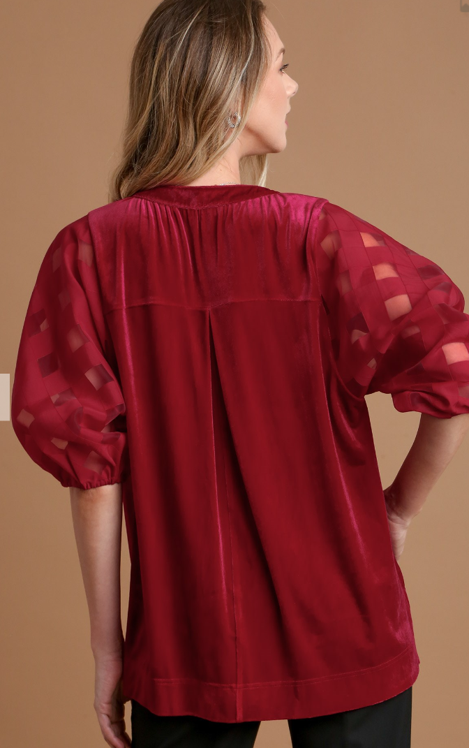 Velvet Top W/ Lattice Sheer Sleeve- Crimson