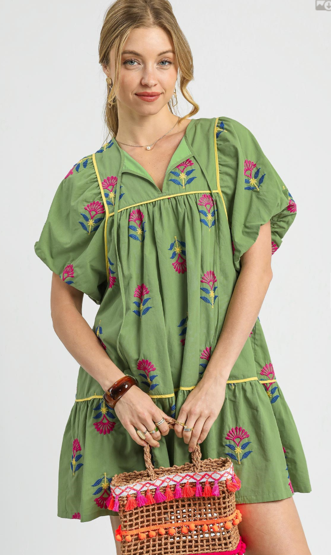 Embroidered Flower Puff Sleeve Tie Neck Dress