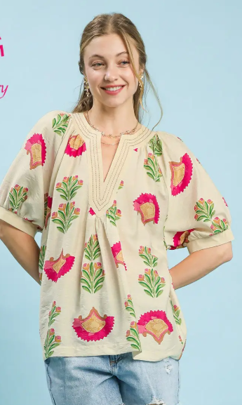 Fan Flower Contrast Stitch V-Neck Top