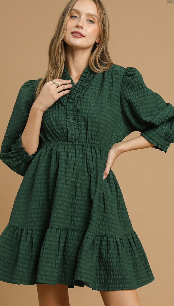 Solid Textured Ruffle Trim 3/4 Sleeve Dress-Palm Green