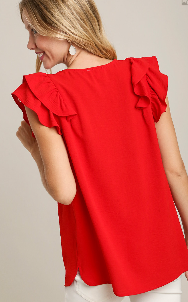 Solid V-Neck Double Ruffle Sleeve Top