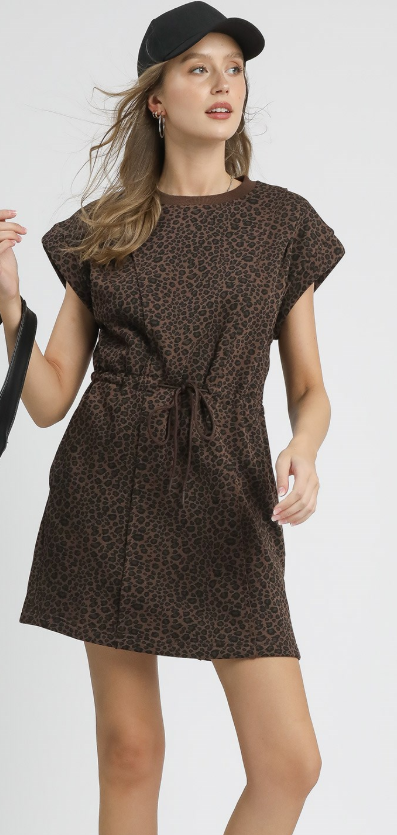 Leopard Crew Neck Tie Waist Dress-Brown