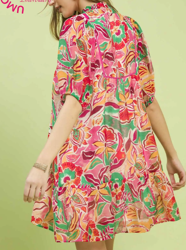 Abstract Floral V-Neck Puff Sleeve Dress-Pink
