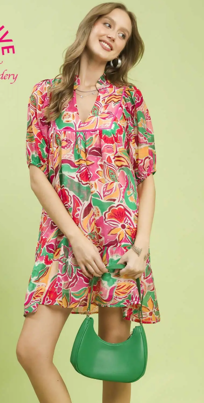 Abstract Floral V-Neck Puff Sleeve Dress-Pink